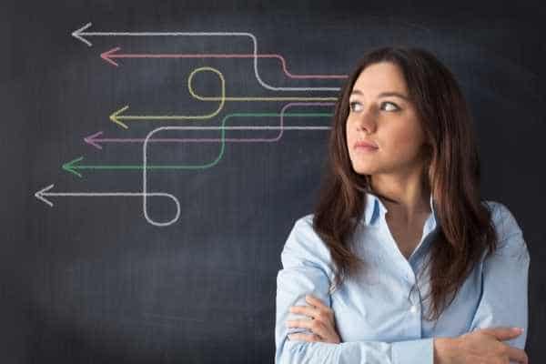 a woman in front of a chalkboard with a diagram representing problem solving options