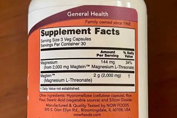 Supplement facts from a bottle of magnesium l-threonate